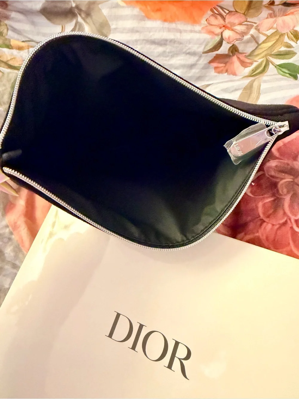 NWT Dior Black Velvet Zip Pouch Embroidered CD and Original Box
